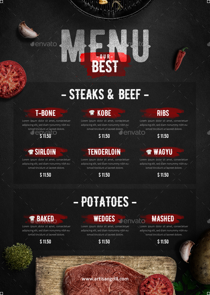 Steak House Menu Flyer, Print Templates GraphicRiver